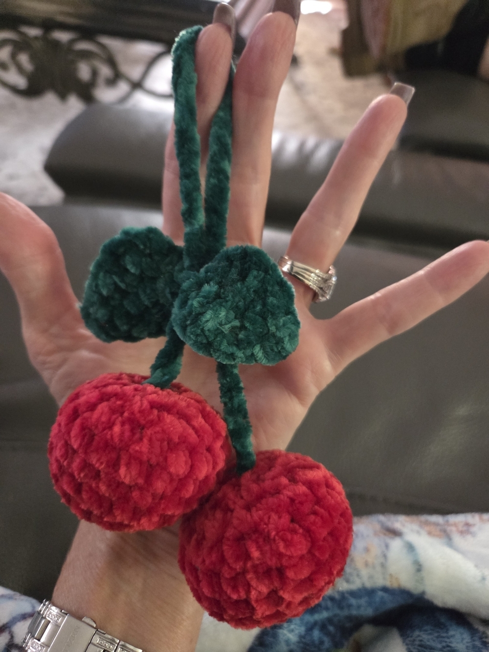 Plush Cherry Pom Pom Bag Charm - Green Leaves, Red Cherries And Strawberry Pic 1 - Picture 1 of 6